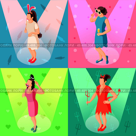 Photo booth props concept 4 isometric festive background icons with girls posing with party accessories vector illustration. Стоковая иллюстрация, агентство Ingram Publishing / Фотобанк Лори