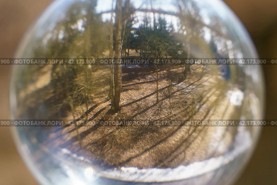 Photography of clear crystal ball lying at the sand of the beach. water and yellow sand as background. It 's getting warmer. Miracle view.  Close up. Стоковое фото, фотограф YuryKara / Фотобанк Лори