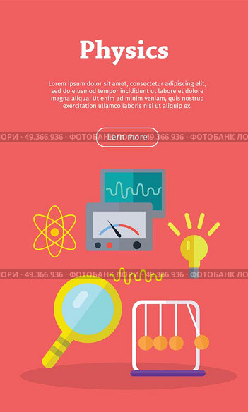 Physics Web Banner. Website template.. Physics laboratory banner with magnifier, measuring device and Newton s cradle. Physics infographic concept background. Scientific research, science lab, science test, technology illustration in flat. Стоковая иллюстрация, агентство Ingram Publishing / Фотобанк Лори