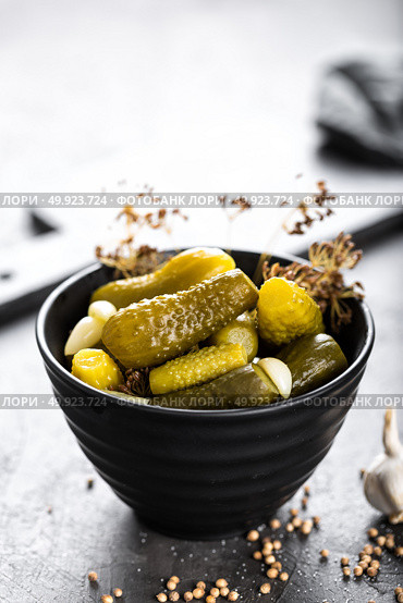 Pickled cucumbers, small marinated pickles, gherkins. Стоковое фото, агентство Ingram Publishing / Фотобанк Лори