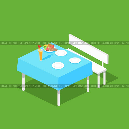 Picnic isometric table with dishes flat design concept. Table with food, white plate with meal for dinner or lunch, nutrition dining on tablecloth and breakfast taste eating. Vector illustration. Стоковая иллюстрация, агентство Ingram Publishing / Фотобанк Лори