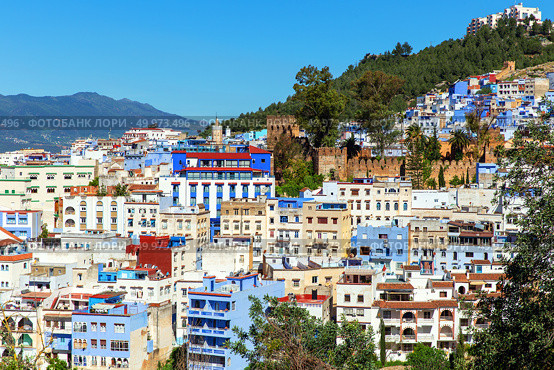 Picturesque view of city of blue Chefchaouen on a sunny summer day. Morocco. Стоковое фото, фотограф Евгений Ткачёв / Фотобанк Лори