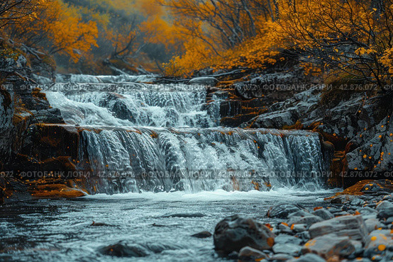 Picturesque waterfall in the forest in autumn. The water rushes forcefully over multi-level rocky rapids, creating a striking contrast with the warm colors of the autumn foliage surrounding the pond. The leaves of the trees, painted in golden and copper tones, glow against the background of dark blue water and stones, which adds peace and harmony to the scene. Стоковое AI-изображение, AI-художник Анна Кривицкая / Фотобанк Лори