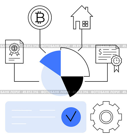 Pie chart connected to Bitcoin symbol, house, documents with seals, checkbox, gear icon. Ideal for financial analysis, blockchain, real estate certification investment productivity business tools.. Financial Data Analysis with Bitcoin and Real Estate Investment, Certificates, and Gear Icon. Стоковая иллюстрация, агентство Ingram Publishing / Фотобанк Лори