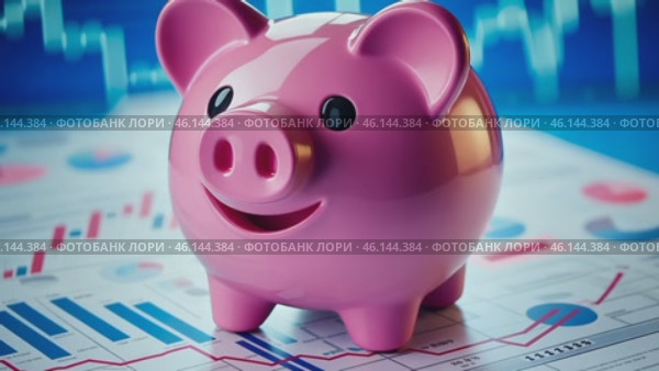 Piggy Bank is on a Financial Chart background, symbolizing savings management. Cheerful pink piggy bank on a blue economy diagram, growing graph. Wealth, profit, investment concept. Save money idea. Стоковое AI-видео, аниматор Марина Демидюк / Фотобанк Лори