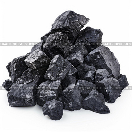 Pile of black coal lumps on white background. Стоковое AI-изображение, AI-художник Иван Рябоконь / Фотобанк Лори