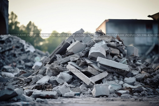 Pile of concrete debris from building demolition at construction site. Стоковое AI-изображение, AI-художник Иван Рябоконь / Фотобанк Лори