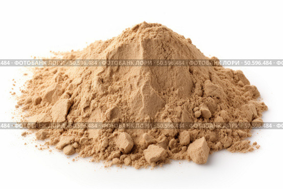 Pile of maca root powder forming a small mound on white background. Стоковое AI-изображение, AI-художник Иван Рябоконь / Фотобанк Лори