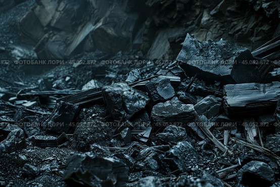 Pile of mined coal is awaiting further processing. Стоковое AI-изображение, AI-художник Иван Рябоконь / Фотобанк Лори