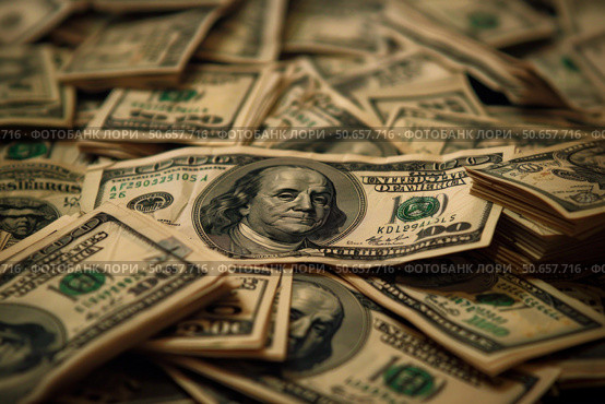 Pile of one hundred dollar bills showing benjamin franklin. Стоковое AI-изображение, AI-художник Иван Рябоконь / Фотобанк Лори