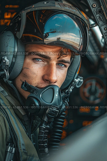 Pilot in Helmet Facing Camera. Стоковое AI-изображение, AI-художник Юлия Гапеенко / Фотобанк Лори