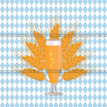 Pilsner Glass of Beer Isolated on White Background. Pilsner glass of beer vector illustration on checkered backdrop with ears of wheat. Refreshing alcoholic beverage in transparent glassware flat style. Стоковая иллюстрация, агентство Ingram Publishing / Фотобанк Лори