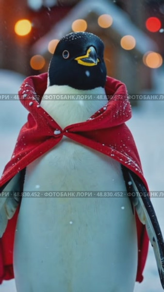 Пингвин в красном плаще на снегу. Стоковое AI-видео, аниматор Olga Dmitrieva / Фотобанк Лори