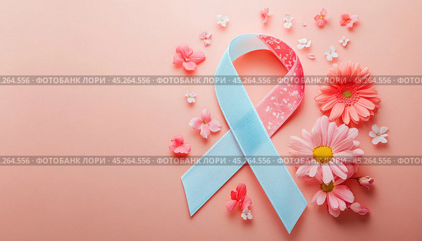 Pink and blue ribbon surrounded by flowers supporting infertility and cervical cancer awareness. Стоковое AI-изображение, AI-художник Юрий Поздников / Фотобанк Лори