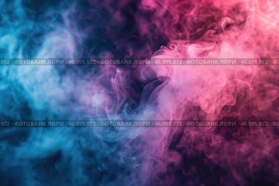 Pink and blue smoke creating abstract shapes on black background. Стоковое AI-изображение, AI-художник Иван Рябоконь / Фотобанк Лори