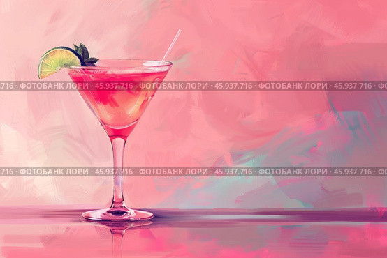 Pink cosmopolitan cocktail painting with lime and mint garnish. Стоковое AI-изображение, AI-художник Иван Рябоконь / Фотобанк Лори