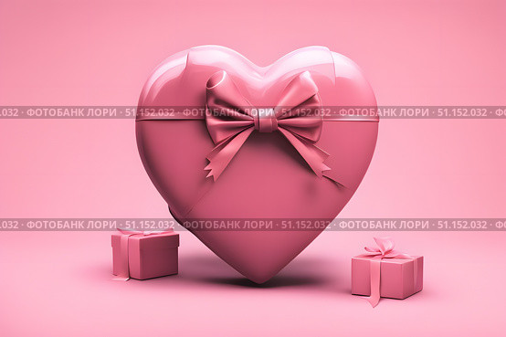 Pink gift box with bow in the shape of a heart. Стоковое AI-изображение, AI-художник Дмитрий Нечаев / Фотобанк Лори