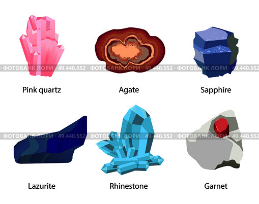 Pink quartz agate sapphire lazurite rhinestone garnet vector illustration gemstones set isolated on white background. Precious stones crystals minerals. Pink Quartz Agate Sapphire Lazurite Rhinestone. Стоковая иллюстрация, агентство Ingram Publishing / Фотобанк Лори