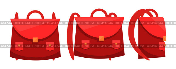Pink school rucksack icon with two huge decorative pockets in front isolated on white background. Vector illustration with schoolbag with bright yellow clasps. Pink School Rucksack Icon Vector Illustration. Стоковая иллюстрация, агентство Ingram Publishing / Фотобанк Лори