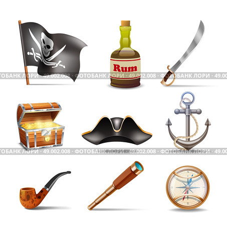 Pirate icons set colorful with jolly roger rum sabre treasure chest looking glass gold compass cocked hat anchor and pipe isolated vector illustration. Pirate icons set colorful. Стоковая иллюстрация, агентство Ingram Publishing / Фотобанк Лори