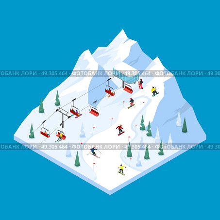 Piste Ropeway Isometric Landscape. Ski lift isometric tiled landscape design with scaled down snowy mountain piste with pennants and skiers vector illustration. Стоковая иллюстрация, агентство Ingram Publishing / Фотобанк Лори