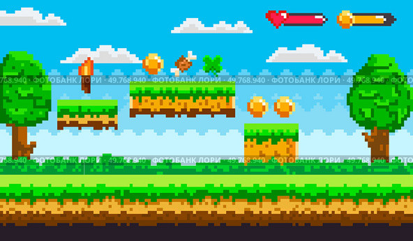Pixel art landscape contains floating platforms with coins, items like a torch, and health indicators. Ideal for retro gaming, platform design, game asset creation, game development, nostalgic. Retro-Inspired Platform Game Landscape with Floating Platforms, Trees, and Collectibles. Стоковая иллюстрация, агентство Ingram Publishing / Фотобанк Лори