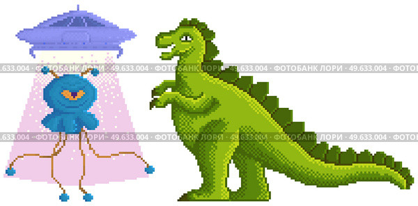 Pixel-game dinosaur monster fighting an alien character in pixel art vector illustration. Video game sprite 8-bit style. Godzilla battling pixelated warrior with ufo isolated on white background. Pixel-game dinosaur monster fighting an alien character in pixel art vector isolated on white. Стоковая иллюстрация, агентство Ingram Publishing / Фотобанк Лори