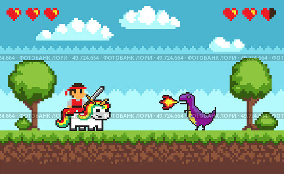 Pixel game fight screen. Retro 8 bit video game interface with hero and dragon, computer game landscape background. Vector pixel art illustration. Game screen pixel, retro video game. Pixel game fight screen. Retro 8 bit video game interface with hero and dragon, computer game landscape background. Стоковая иллюстрация, агентство Ingram Publishing / Фотобанк Лори