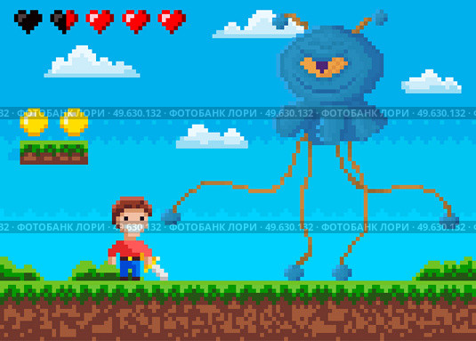 Pixel game interface design. Evil blue monster with one eye hits guy. Unidentified flying object goes to happy man. Alien attacks smiling main character with incomplete health in form of hearts. Alien attacks smiling main character. Evil blue monster with one eye hits guy with incomplete health. Стоковая иллюстрация, агентство Ingram Publishing / Фотобанк Лори