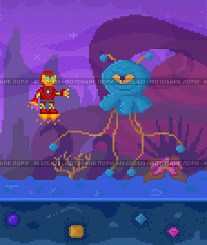 Pixel game interface layout design. Angry blue monster, unidentified flying object goes to astronauts. Alien attacks pixelated character in pixel scene with dark lilac background with fantastic plants. Pixel game interface layout. Alien attacks pixelated character in dark scene with fantastic plants. Стоковая иллюстрация, агентство Ingram Publishing / Фотобанк Лори