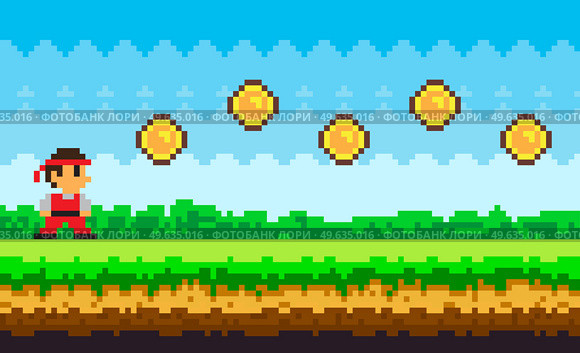 Pixel-game ninja male brave character. Pixelated natural landscape with warrior standing on green grass near golden coins on meadow. Cartoon pixel personage for computer game or mobile application. Pixel-game ninja male brave character. Pixelated natural landscape with warrior near golden coins. Стоковая иллюстрация, агентство Ingram Publishing / Фотобанк Лори