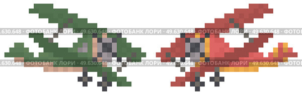 Pixel helicopters for old game. Air transport vector illustration. Airplanes design layout. Colored propeller helicopters for monster fighting game. Combat aircrafts isolated on white background. Pixel helicopters for old game. Air transport vector illustration. Airplanes for design layout. Стоковая иллюстрация, агентство Ingram Publishing / Фотобанк Лори