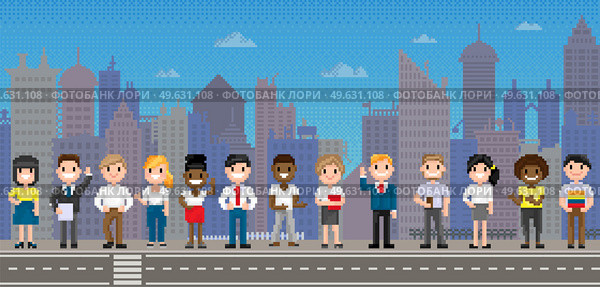 Pixel people for old game layout stand against background of cityscape with skyscraper silhouettes. Pixelated multinational population of city happily spending time outdoors. Modern town architecture. Pixel people for old game layout stand against background of cityscape with skyscraper silhouettes. Стоковая иллюстрация, агентство Ingram Publishing / Фотобанк Лори