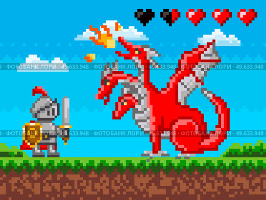 Pixelated natural landscape with warrior holding shield and sword fighting against red three-headed dragon. Cartoon pixel-game person to use in computer game. Minimalistic pixel knight with weapons. Pixelated natural landscape with warrior holding shield and sword fighting against red dragon. Стоковая иллюстрация, агентство Ingram Publishing / Фотобанк Лори