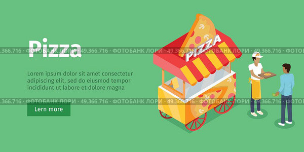 Pizza Trolley in Isometric Projection Style. Vector. Pizza trolley in isometric projection style design icon. Street fast food concept. Food truck with umbrella illustration. Isolated on green background. Mobile shop with cooker and buyer. Vector. Стоковая иллюстрация, агентство Ingram Publishing / Фотобанк Лори