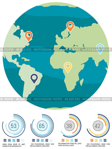 Planet with map marks. Ratio of numbers near world globe concept. Level of pollution on Earth vector illustration. Marked land with green continents and blue waters isolated on white background. Planet with map marks. Ratio of numbers concept. Level of pollution on Earth vector illustration. Стоковая иллюстрация, агентство Ingram Publishing / Фотобанк Лори