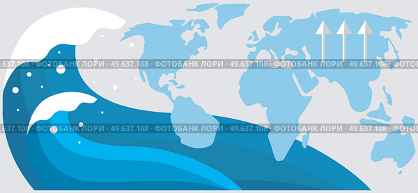 Planet with tsunami natural disaster. Huge wave is about to cover and flood world. Climate and weather changes on planet are leading to increase in water level. Tsunami is approaching countries. Earth planet with tsunami natural disaster. Climate and weather changes increase water level. Стоковая иллюстрация, агентство Ingram Publishing / Фотобанк Лори