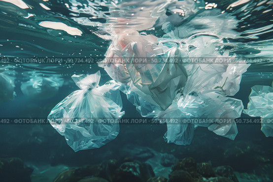 Plastic bags floating underwater polluting the ocean. Стоковое AI-изображение, AI-художник Иван Рябоконь / Фотобанк Лори