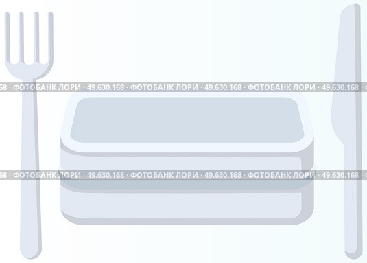 Plastic container for food near fork and knife. Lunch box for storing dishes and keeping temperature. Stainless steel, silver kitchenware. Kitchen utensils for eating. Reusable container with lid. Plastic container for food near fork and knife. Lunch box for storing dishes, kitchen utensils. Стоковая иллюстрация, агентство Ingram Publishing / Фотобанк Лори