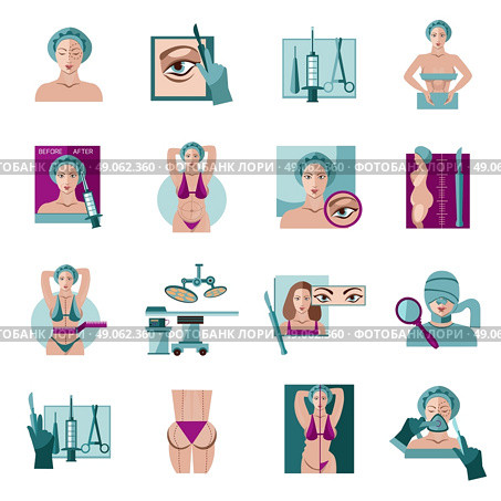 Plastic surgery flat icons set . Cosmetic facial and body lift  plastic surgery flat icon collection with abdominal contouring abstract isolated vector illustration. Стоковая иллюстрация, агентство Ingram Publishing / Фотобанк Лори