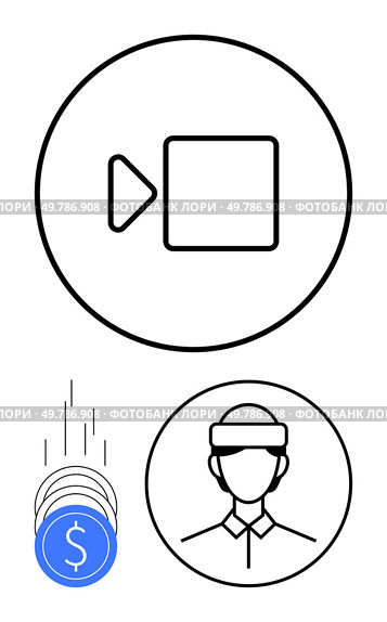 Play button symbol within a circle, person icon wearing a headband, and falling coins with dollar sign. Ideal for video production, monetization, user engagement, content creators, digital marketing. Video Content Monetization and User Engagement Symbolized with Money, Profile and Play Icons. Стоковая иллюстрация, агентство Ingram Publishing / Фотобанк Лори