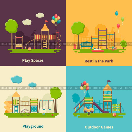 Playground Concept Flat. Color flat composition 2x2 depicting different outdoor playground and play spaces for rest in the park and games vector illustration. Стоковая иллюстрация, агентство Ingram Publishing / Фотобанк Лори