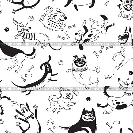 Playing dogs seamless pattern. Funny lap-dog, happy pug, mongrels and other breeds. Vector background for design. Playing dogs seamless pattern. Funny lap-dog, happy pug, mongrels and other breeds. Vector background for design. Стоковая иллюстрация, агентство Ingram Publishing / Фотобанк Лори