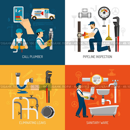 Plumbing Service Concept . Plumbing service concept with call repairman pipeline inspection sanitary ware elimination of leaks isolated vector illustration. Стоковая иллюстрация, агентство Ingram Publishing / Фотобанк Лори