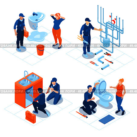 Plumbing service home office bathroom sanitary fixing installations boiler heating system repair 4 isometric compositions vector illustration. Стоковая иллюстрация, агентство Ingram Publishing / Фотобанк Лори