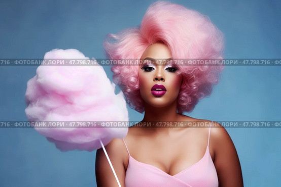 Plus size fashion model with creative makeup and hairstyle enjoying cotton candy against a blue background. Стоковое AI-изображение, AI-художник Станислав Тарко / Фотобанк Лори