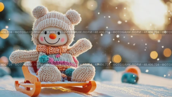 Plush snowman enjoys a sled ride in the snow, spreading winter joy and festive cheer. Стоковое AI-видео, аниматор Данила Большаков / Фотобанк Лори