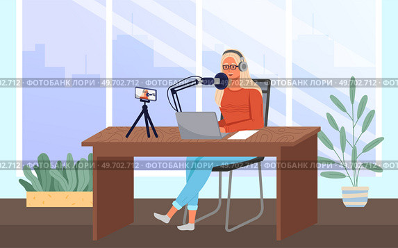 Podcaster woman character in office room interior. Girl listening audio podcast and speaking at live streaming use smartphone and laptop on her vlog. Podcaster making, blogger, technology concept. Podcaster woman character in office room interior. Girl listening audio podcast. Стоковая иллюстрация, агентство Ingram Publishing / Фотобанк Лори