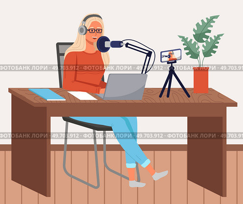 Podcaster woman character in office room interior. Girl listening audio podcast and speaking at live streaming use smartphone and laptop on her vlog. Podcaster making, blogger, technology concept. Podcaster woman character in office room interior. Girl listening audio podcast. Стоковая иллюстрация, агентство Ingram Publishing / Фотобанк Лори