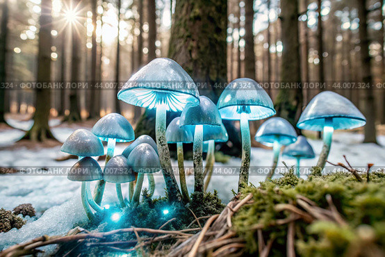 Poisonous mushrooms. Toadstools. Hallucinogenic mushrooms. Glowing mushrooms. An image to illustrate themes related to nature, fantasy, fairy tales and magic. Стоковое AI-изображение, AI-художник Photojuli / Фотобанк Лори